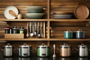 kitchenware on wooden shelves with wooden wall. AI-Generated photo