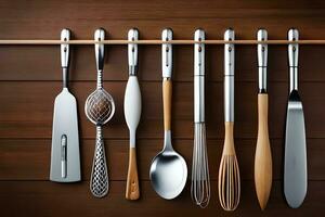 un grupo de cocina utensilios colgando en un de madera pared. generado por ai foto