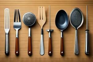 un colección de cocina utensilios en un de madera superficie. generado por ai foto