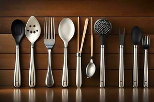 a collection of silverware on a wooden table. AI-Generated photo