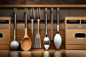 a kitchen with many utensils and spoons. AI-Generated photo