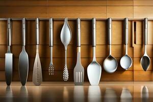 a rack of utensils hanging on a wall. AI-Generated photo