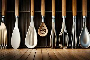 a row of wooden utensils are lined up on a shelf. AI-Generated photo