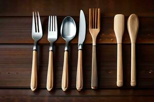 a set of four wooden cutlery on a wooden table. AI-Generated photo