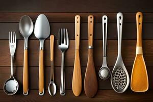a collection of different utensils on a wooden table. AI-Generated photo