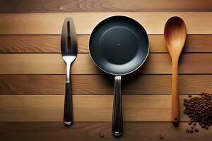 a pan, spoon and fork on a wooden table. AI-Generated photo