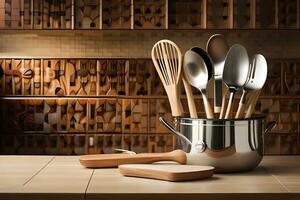 a collection of wooden utensils sit in a pot. AI-Generated photo