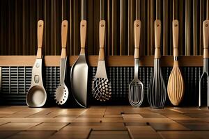 a row of kitchen utensils are lined up on a counter. AI-Generated photo