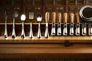 a wooden shelf with a variety of utensils. AI-Generated photo