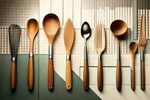 a group of wooden utensils on a counter. AI-Generated photo