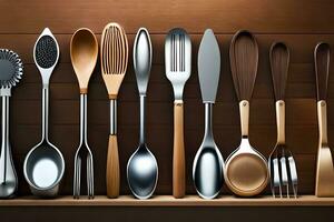 a row of different utensils are lined up on a shelf. AI-Generated photo