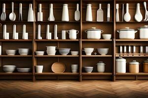 a shelf with many different types of utensils. AI-Generated photo