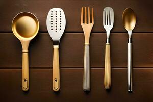 golden utensils on a wooden table. AI-Generated photo