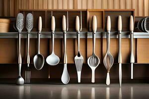 a row of utensils are hanging on a shelf. AI-Generated photo