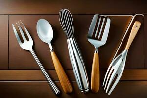 a group of four utensils on a wooden surface. AI-Generated photo