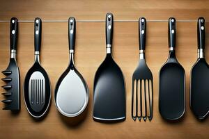 a set of six black utensils hanging on a rack. AI-Generated photo