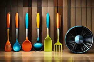 a row of colorful utensils are lined up against a wall. AI-Generated photo