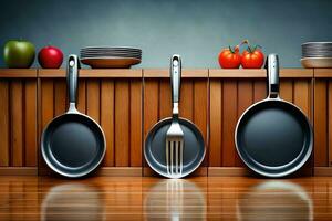 three pans and a fork sit on a wooden counter. AI-Generated photo