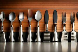 a row of silverware with different utensils. AI-Generated photo