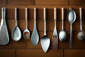 a set of silverware on a wooden surface. AI-Generated photo