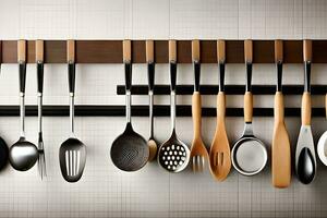 a rack with many utensils hanging on it. AI-Generated photo