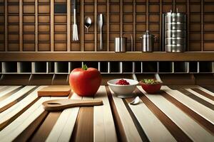 a kitchen with wooden shelves and a bowl of apples. AI-Generated photo