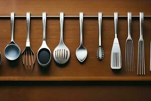 a group of utensils hanging on a wall. AI-Generated photo