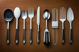 a collection of silverware on a wooden surface. AI-Generated photo