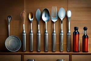 a set of utensils are arranged on a shelf. AI-Generated photo