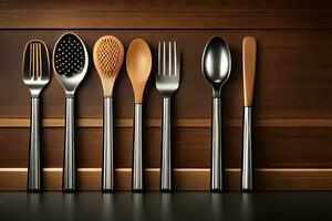 five different types of utensils are lined up on a wooden table. AI-Generated photo