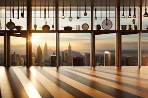 a large room with a view of the city. AI-Generated photo