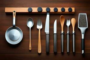 a set of utensils on a wooden table. AI-Generated photo