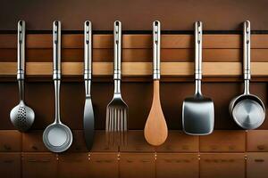 a group of utensils are hanging on a shelf. AI-Generated photo