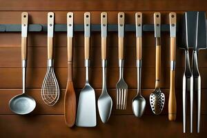 a set of utensils and spoons hanging on a wall. AI-Generated photo