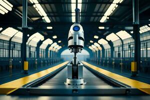 a robot is sitting on a conveyor belt in a factory. AI-Generated photo