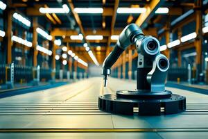 a robot is standing in front of a machine in an industrial area. AI-Generated photo