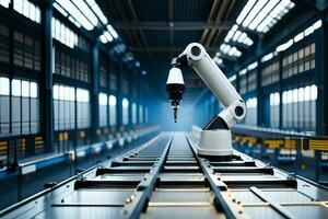 a robotic arm is on a conveyor belt in a factory. AI-Generated photo