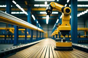 a robotic arm is standing on a conveyor belt. AI-Generated photo
