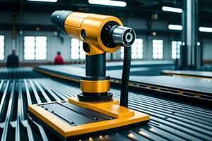 a yellow and black industrial machine on a conveyor belt. AI-Generated photo