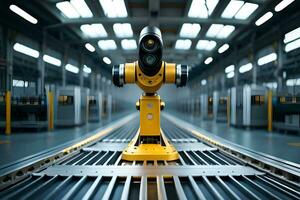 a yellow robot is standing in a factory. AI-Generated photo