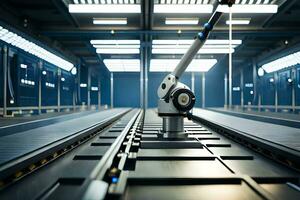 a robot is standing on a conveyor belt in a factory. AI-Generated photo