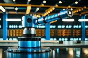 a blue robotic arm on a table in a factory. AI-Generated photo