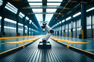 a robot is standing in a factory with a conveyor belt. AI-Generated photo