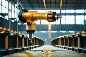 a yellow industrial robot is standing in front of a factory. AI-Generated photo