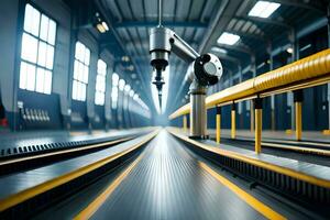 a robot is moving along a conveyor belt in a factory. AI-Generated photo