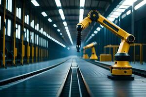 a robotic arm is standing on a track in a warehouse. AI-Generated photo