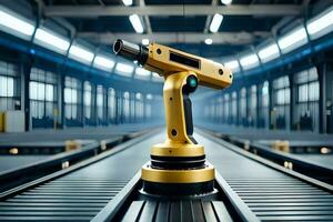 a golden drill on a conveyor belt in a factory. AI-Generated photo