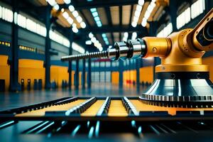 a robotic arm is sitting on a table in a warehouse. AI-Generated photo
