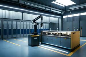 a large warehouse with a robotic arm and a machine. AI-Generated photo