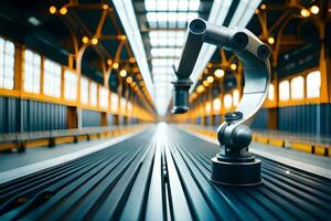 a robotic arm is standing on a conveyor belt. AI-Generated photo